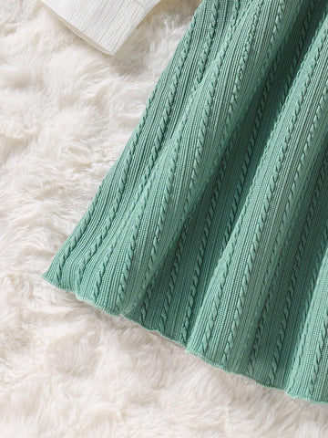 Girls Spring/Autumn V-Neck Knitted Jacquard Embroidered Letter Casual Long Sleeve Dress, Elegant School/Outing Style