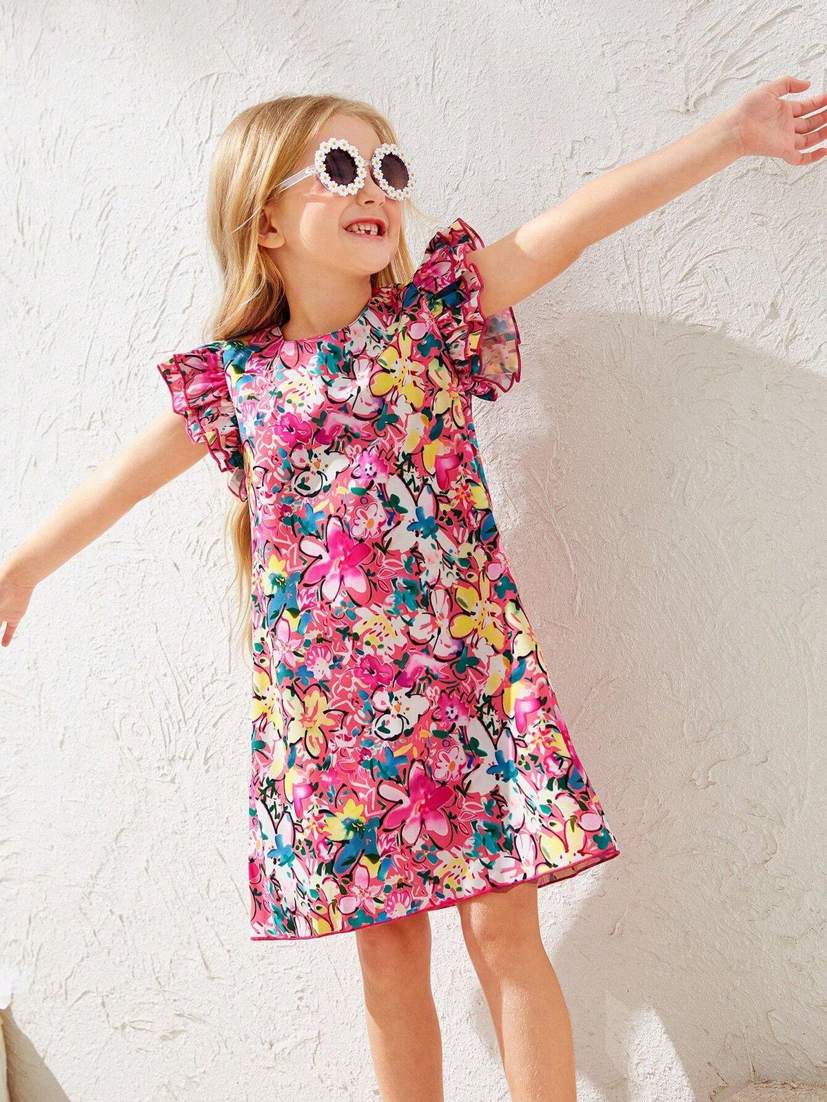 Girls' Summer Beach Vacation Colorful Floral Double Layer Ruffle Hem Dress