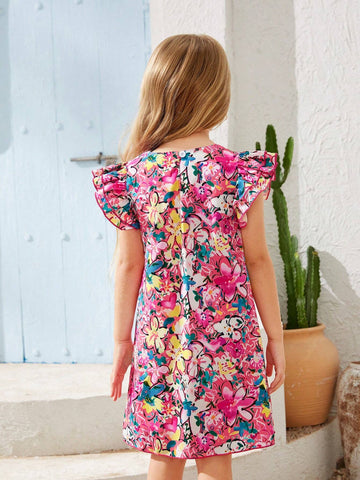 Girls' Summer Beach Vacation Colorful Floral Double Layer Ruffle Hem Dress