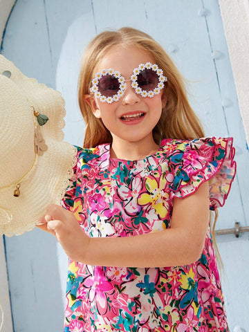 Girls' Summer Beach Vacation Colorful Floral Double Layer Ruffle Hem Dress