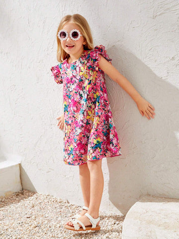 Girls' Summer Beach Vacation Colorful Floral Double Layer Ruffle Hem Dress