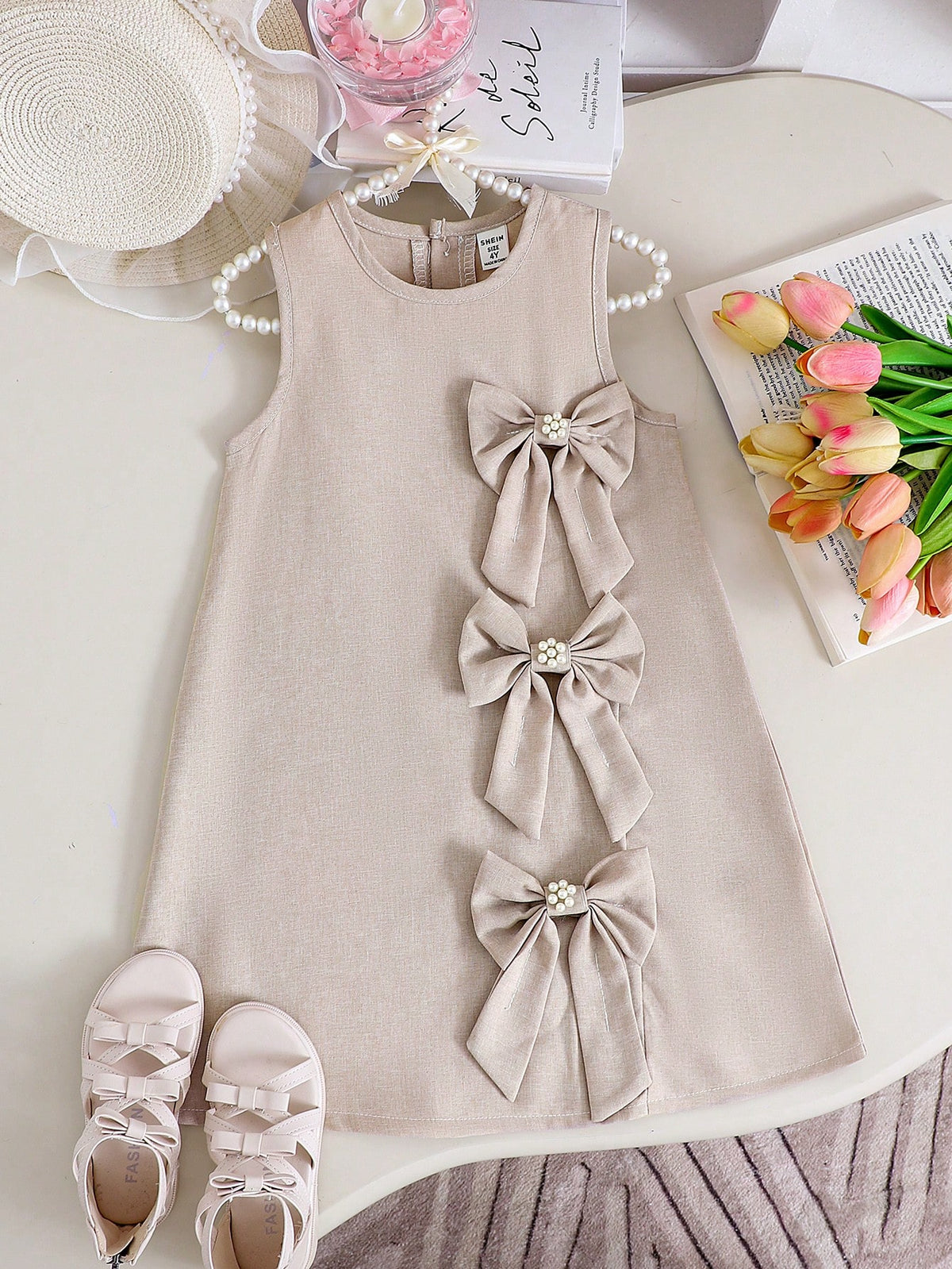 Girls' Summer Sleeveless Dress With Big Bow, Apricot Color, Elegant & Chic, Sweet & Adorable Fashion Princess Dress