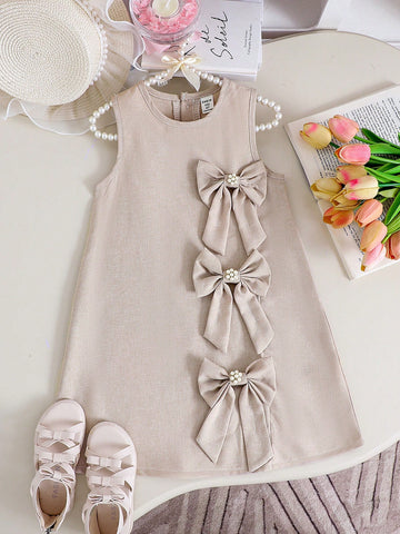 Girls' Summer Sleeveless Dress With Big Bow, Apricot Color, Elegant & Chic, Sweet & Adorable Fashion Princess Dress