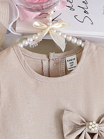 Girls' Summer Sleeveless Dress With Big Bow, Apricot Color, Elegant & Chic, Sweet & Adorable Fashion Princess Dress