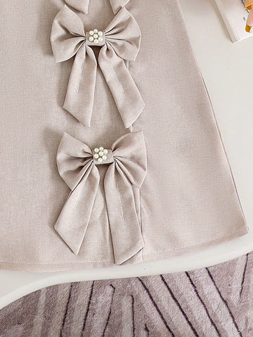 Girls' Summer Sleeveless Dress With Big Bow, Apricot Color, Elegant & Chic, Sweet & Adorable Fashion Princess Dress