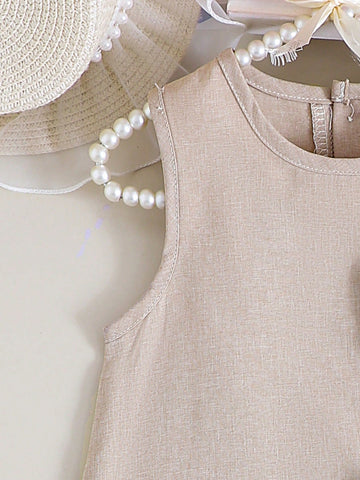 Girls' Summer Sleeveless Dress With Big Bow, Apricot Color, Elegant & Chic, Sweet & Adorable Fashion Princess Dress