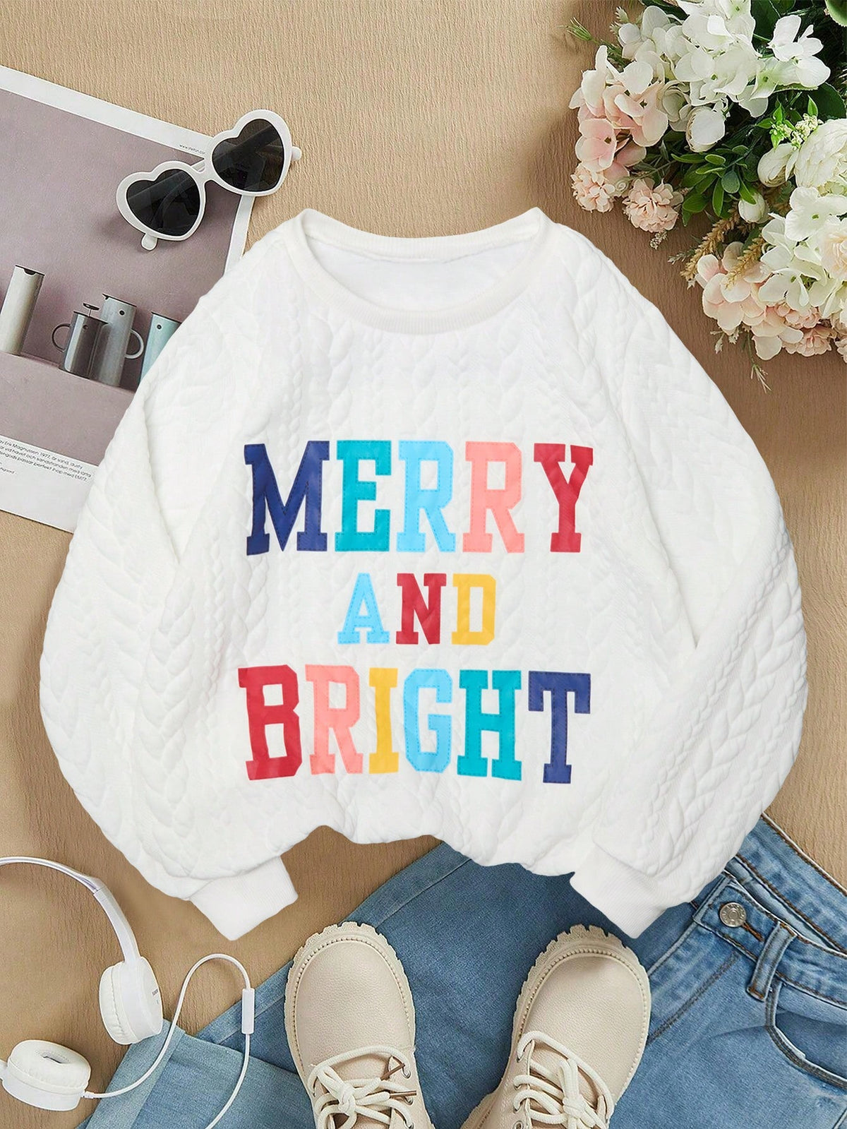Girls Sweatshirt, New Autumn/Winter Crew Neck Pullover, Fashion Colorful Letter Print, Padded Trapezoid Fabric, Stylish & Comfortable