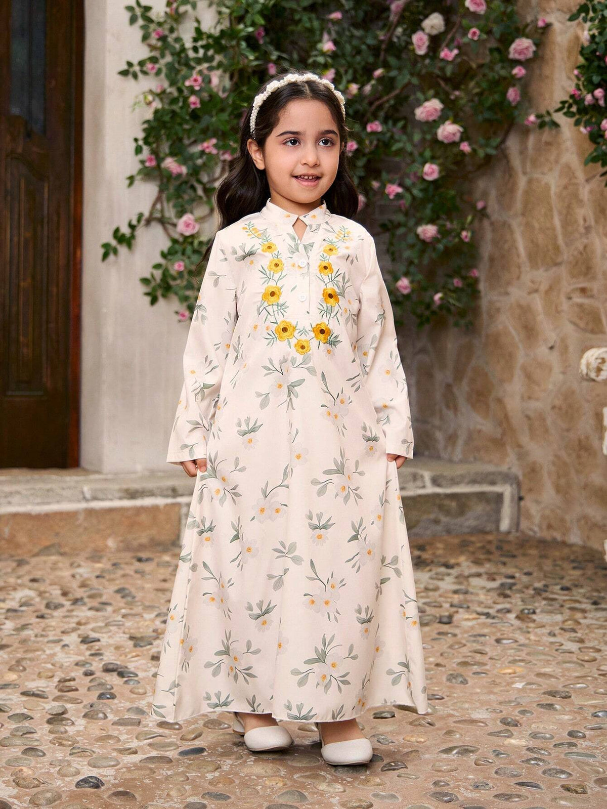 Girls Toddler 1pc Digital Print Floral V-Neck Long Sleeve Dress, Suitable For Outings And Homewear, Sibling Matching Outfits (Sold Separately)