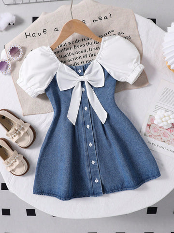 Girls Toddler Denim Patchwork Puff Sleeve Bow Decor Sweet Comfortable Dress