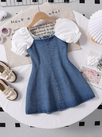 Girls Toddler Denim Patchwork Puff Sleeve Bow Decor Sweet Comfortable Dress