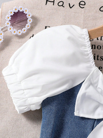 Girls Toddler Denim Patchwork Puff Sleeve Bow Decor Sweet Comfortable Dress