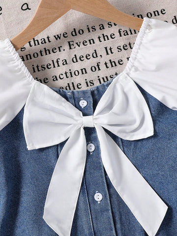 Girls Toddler Denim Patchwork Puff Sleeve Bow Decor Sweet Comfortable Dress