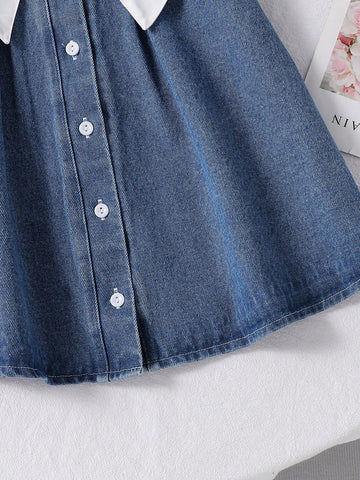 Girls Toddler Denim Patchwork Puff Sleeve Bow Decor Sweet Comfortable Dress