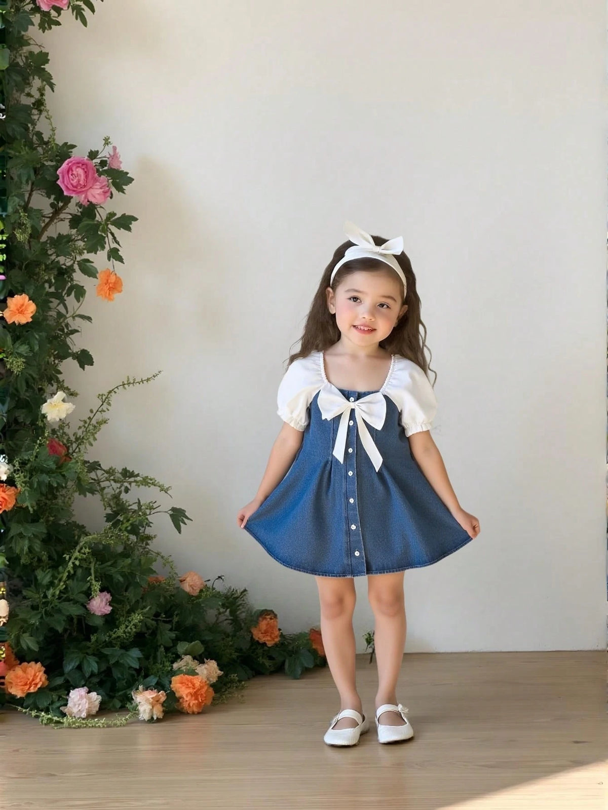Girls Toddler Denim Patchwork Puff Sleeve Bow Decor Sweet Comfortable Dress