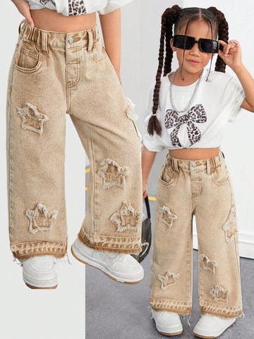 Girls Toddler Frayed Edge Star Denim Wide-Leg Pants