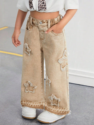 Girls Toddler Frayed Edge Star Denim Wide-Leg Pants