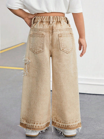 Girls Toddler Frayed Edge Star Denim Wide-Leg Pants