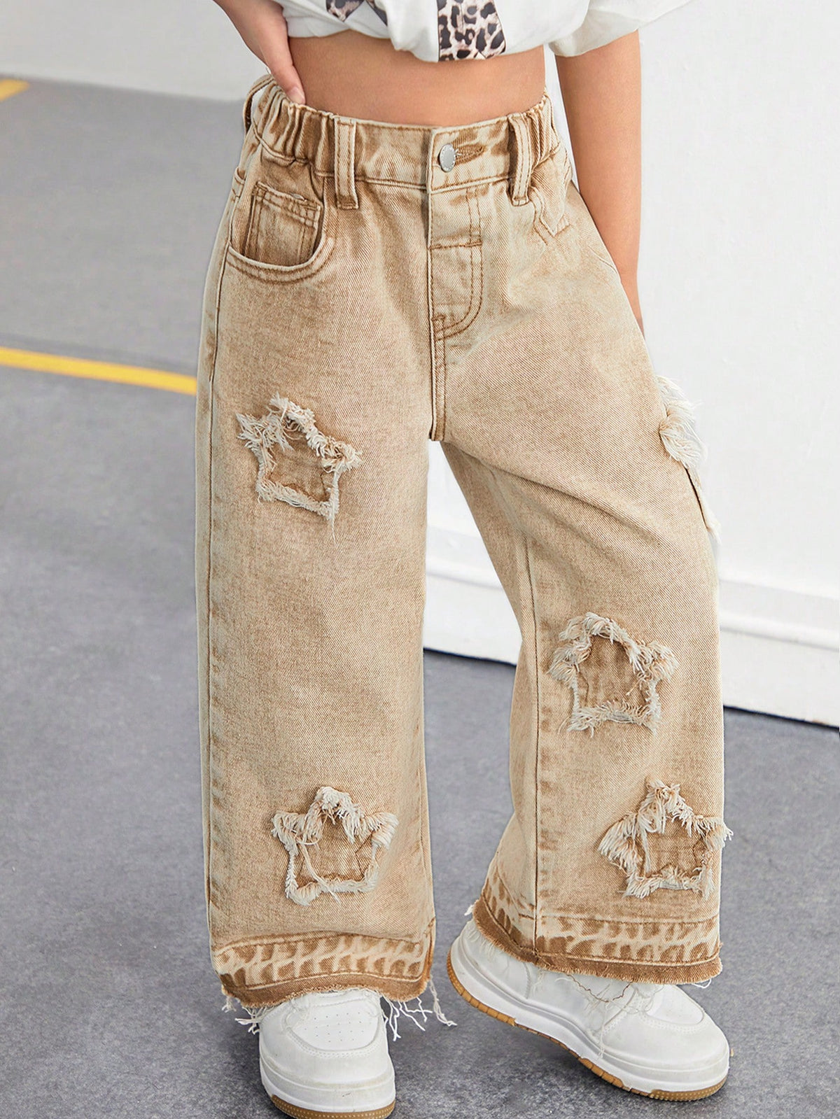 Girls Toddler Frayed Edge Star Denim Wide-Leg Pants
