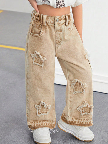 Girls Toddler Frayed Edge Star Denim Wide-Leg Pants