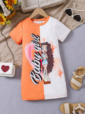 Girls Toddler Halloween Orange & White Contrast Cartoon Print Crew Neck Short Sleeve T-Shirt Dress, Casual Everyday Wear, Spring & Summer