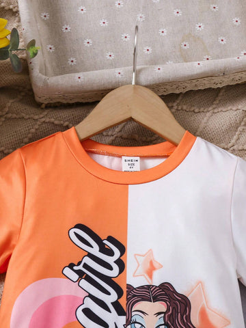 Girls Toddler Halloween Orange & White Contrast Cartoon Print Crew Neck Short Sleeve T-Shirt Dress, Casual Everyday Wear, Spring & Summer