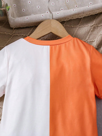 Girls Toddler Halloween Orange & White Contrast Cartoon Print Crew Neck Short Sleeve T-Shirt Dress, Casual Everyday Wear, Spring & Summer