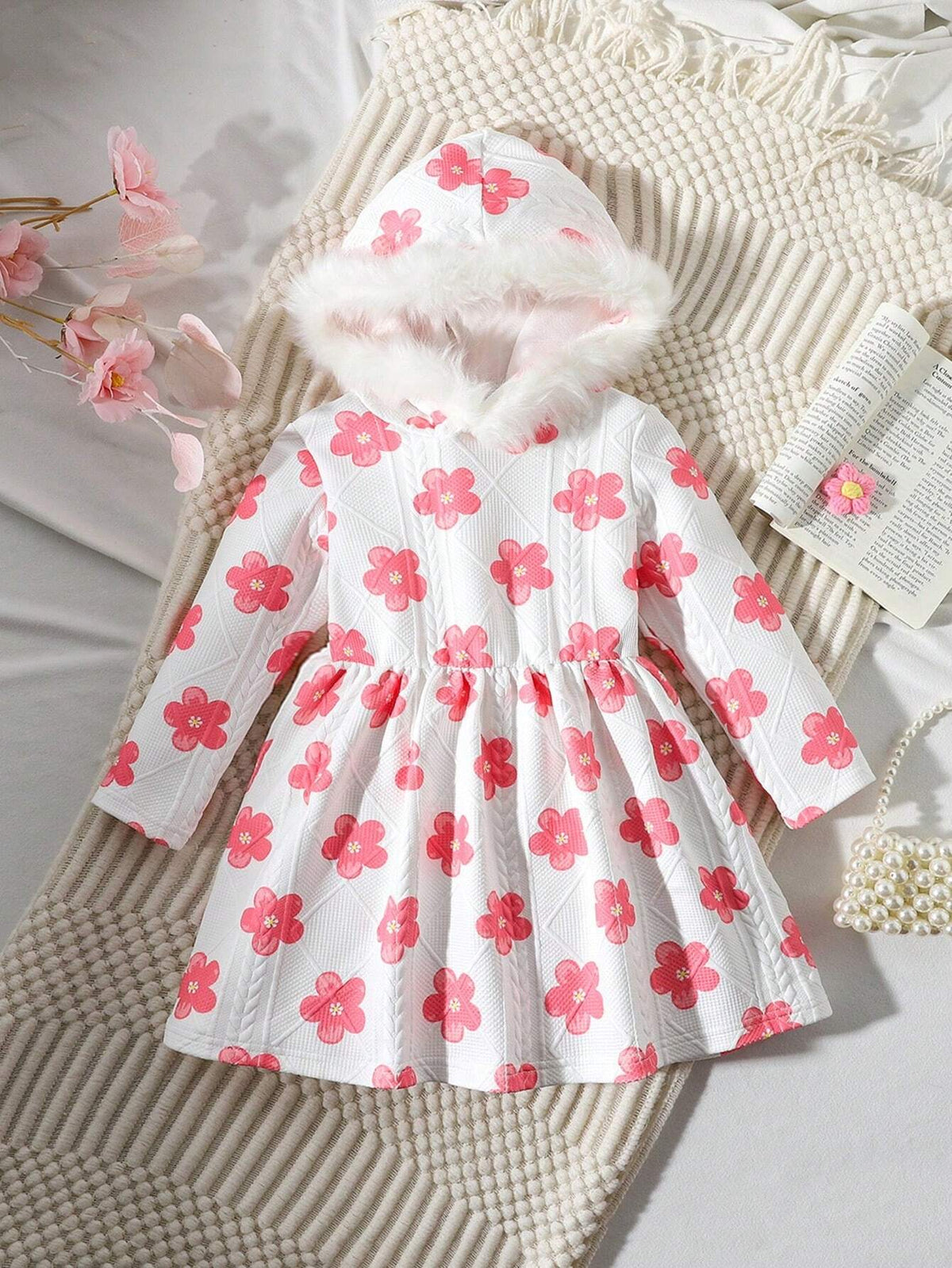 Girls (Toddler) Hooded Dress With Fluffy Trim, Pink Flower Print Textured Fabric, Casual Fashion Trend, Suitable For Autumn & Winter