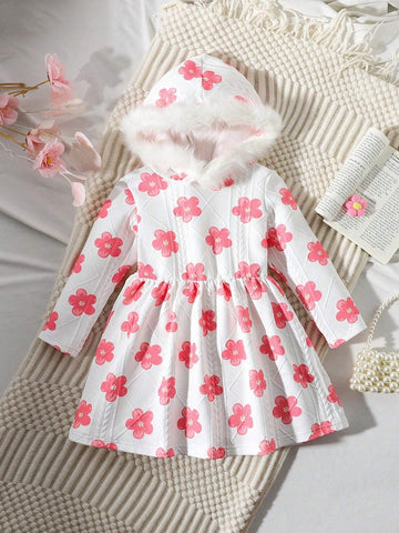 Girls (Toddler) Hooded Dress With Fluffy Trim, Pink Flower Print Textured Fabric, Casual Fashion Trend, Suitable For Autumn & Winter