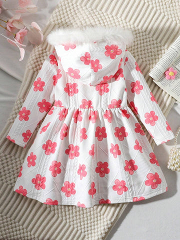 Girls (Toddler) Hooded Dress With Fluffy Trim, Pink Flower Print Textured Fabric, Casual Fashion Trend, Suitable For Autumn & Winter