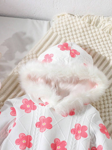 Girls (Toddler) Hooded Dress With Fluffy Trim, Pink Flower Print Textured Fabric, Casual Fashion Trend, Suitable For Autumn & Winter
