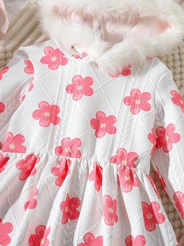 Girls (Toddler) Hooded Dress With Fluffy Trim, Pink Flower Print Textured Fabric, Casual Fashion Trend, Suitable For Autumn & Winter