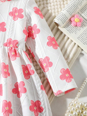 Girls (Toddler) Hooded Dress With Fluffy Trim, Pink Flower Print Textured Fabric, Casual Fashion Trend, Suitable For Autumn & Winter