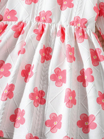 Girls (Toddler) Hooded Dress With Fluffy Trim, Pink Flower Print Textured Fabric, Casual Fashion Trend, Suitable For Autumn & Winter