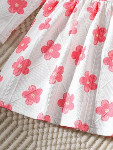 Girls (Toddler) Hooded Dress With Fluffy Trim, Pink Flower Print Textured Fabric, Casual Fashion Trend, Suitable For Autumn & Winter