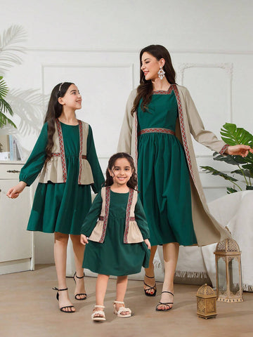 Two-Piece Vacation Wear Set, Apricot Knitted Jacket With Green Short Sleeved Waist-Cinched Dress