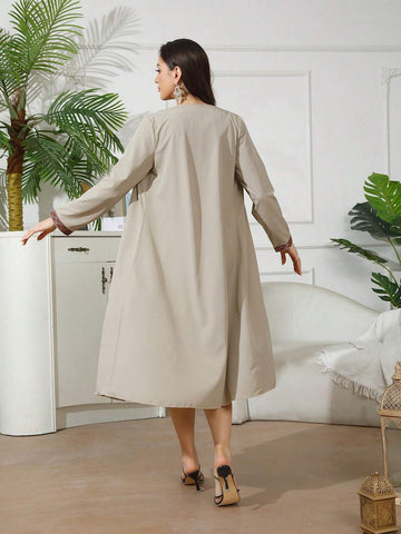 Two-Piece Vacation Wear Set, Apricot Knitted Jacket With Green Short Sleeved Waist-Cinched Dress