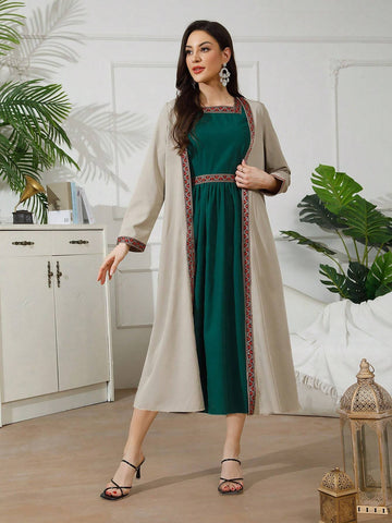 Two-Piece Vacation Wear Set, Apricot Knitted Jacket With Green Short Sleeved Waist-Cinched Dress