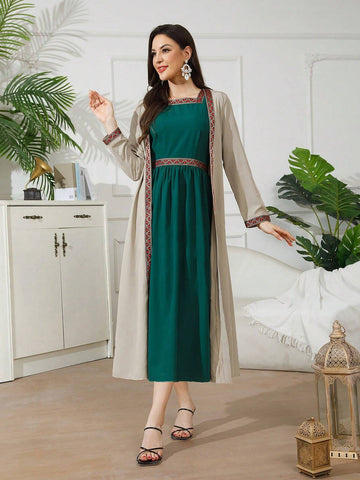 Two-Piece Vacation Wear Set, Apricot Knitted Jacket With Green Short Sleeved Waist-Cinched Dress