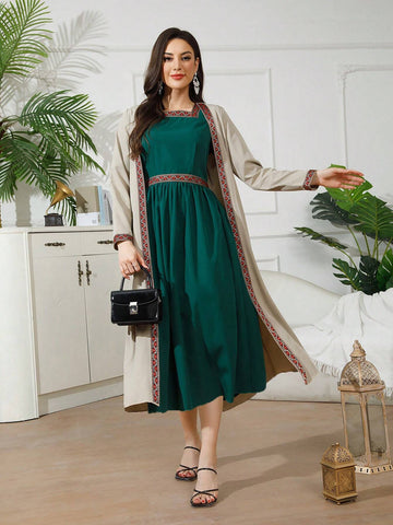 Two-Piece Vacation Wear Set, Apricot Knitted Jacket With Green Short Sleeved Waist-Cinched Dress
