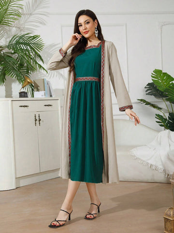 Two-Piece Vacation Wear Set, Apricot Knitted Jacket With Green Short Sleeved Waist-Cinched Dress