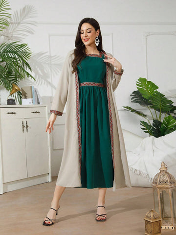 Two-Piece Vacation Wear Set, Apricot Knitted Jacket With Green Short Sleeved Waist-Cinched Dress