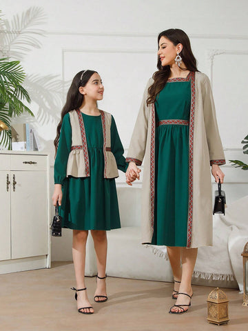 Two-Piece Vacation Wear Set, Apricot Knitted Jacket With Green Short Sleeved Waist-Cinched Dress