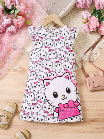 Girls Unicorn Print Casual Dress, Suitable For Spring, Summer, Fall, Versatile Design For Outings, School, Home, Parties, Fits Ages 4-7