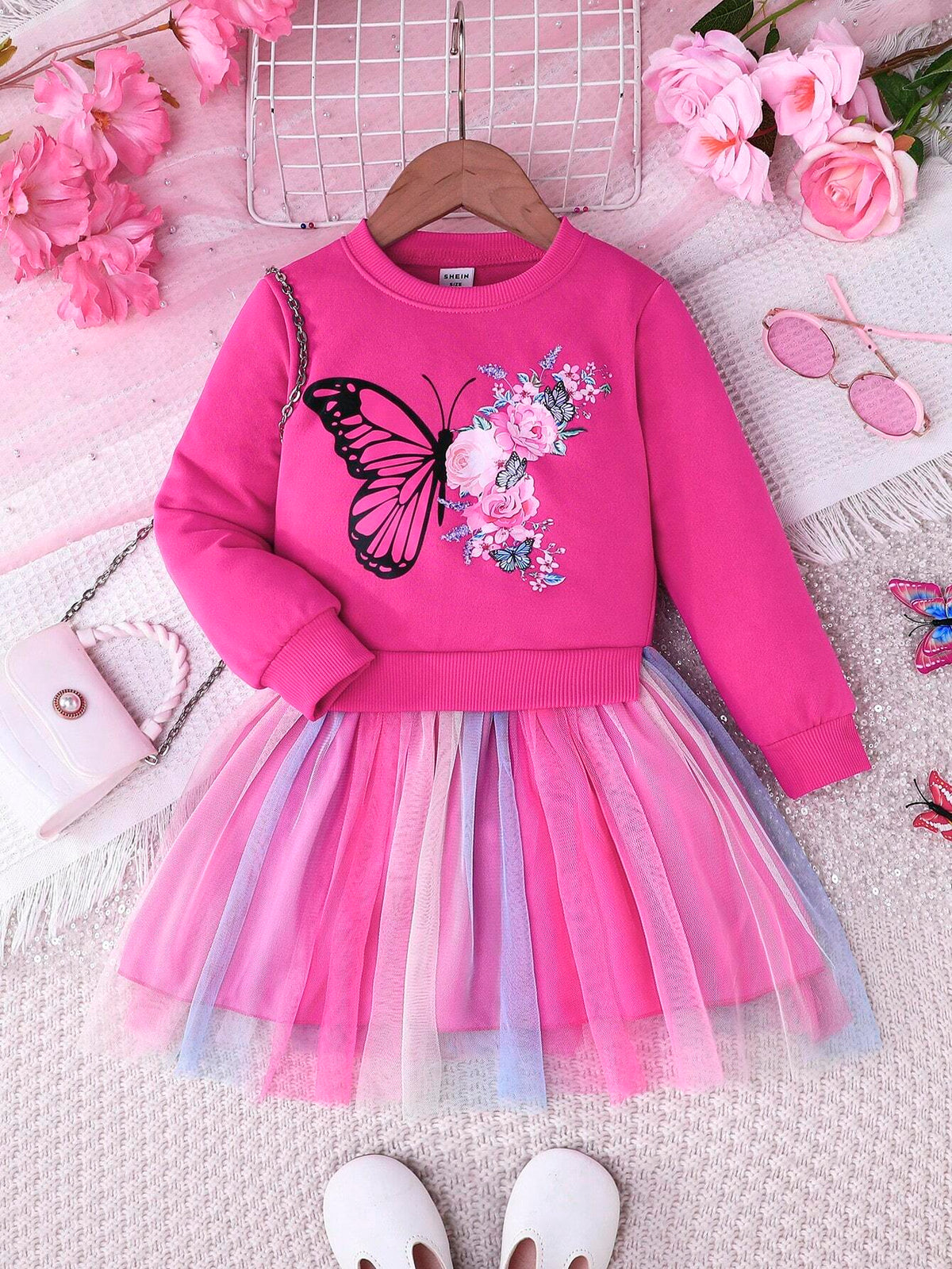 Girls Unicorn Print & Mesh Patchwork Long Sleeve Casual Dress, Autumn