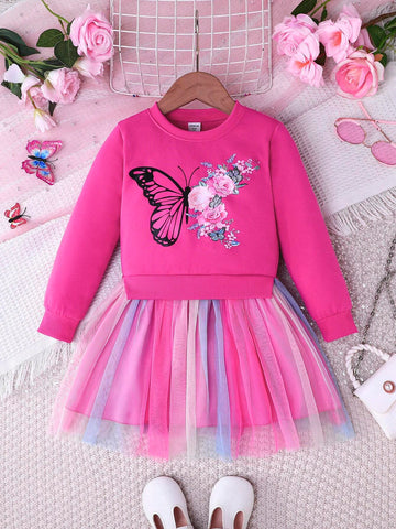 Girls Unicorn Print & Mesh Patchwork Long Sleeve Casual Dress, Autumn