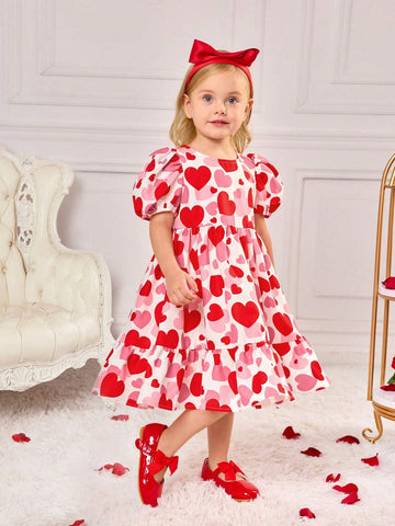 Girls' Woven Heart Pattern Round Neck Puff Sleeve Bow Decor A-Line Dress