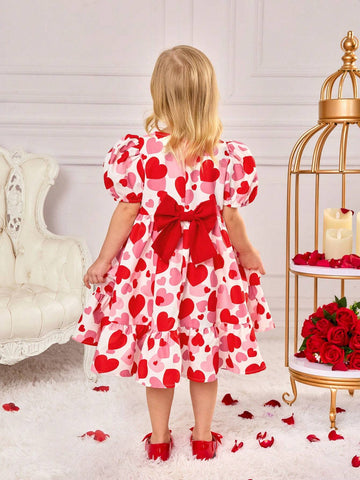 Girls' Woven Heart Pattern Round Neck Puff Sleeve Bow Decor A-Line Dress