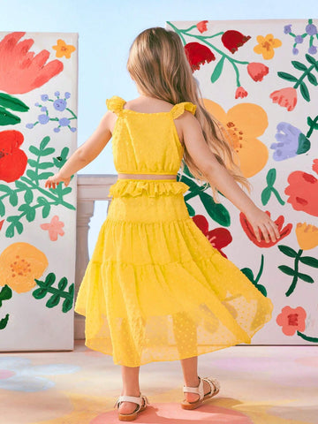 Girls' Yellow Holiday Dress, Textured Fabric, Asymmetric Hemline (Short Front, Long Back)