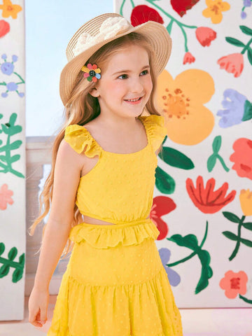 Girls' Yellow Holiday Dress, Textured Fabric, Asymmetric Hemline (Short Front, Long Back)