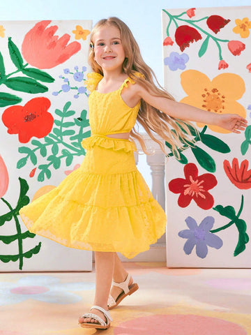 Girls' Yellow Holiday Dress, Textured Fabric, Asymmetric Hemline (Short Front, Long Back)